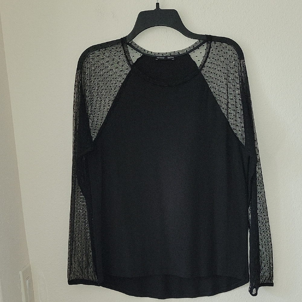 ZARA SHEER LONG SLEEVE HI-LO TOP, BLACK, M, EUC